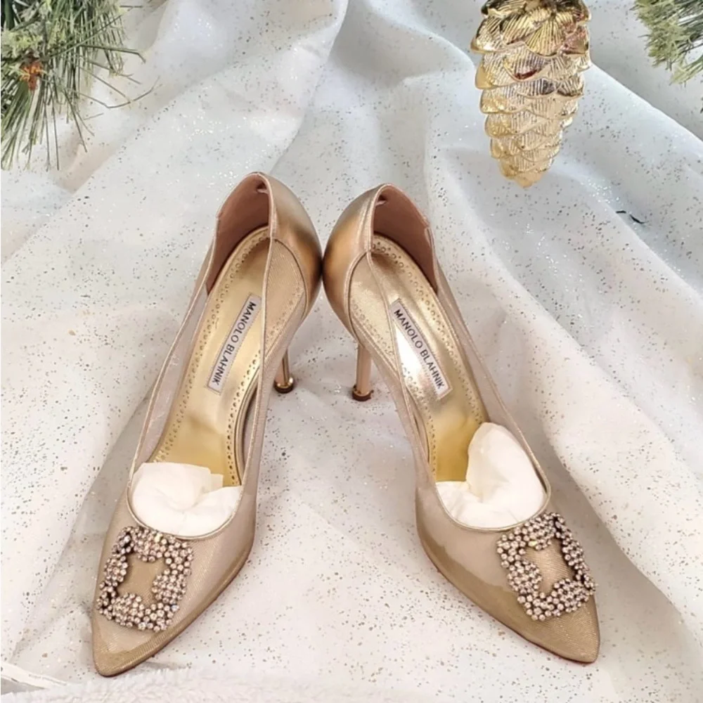 Manolo Blahnik Gold Embellished Heels - Picture 3 of 10